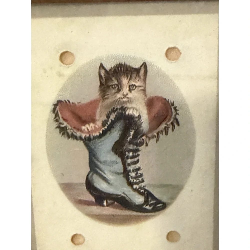 Vintage Christmas Cat Postcard Dexterity Puzzle Rolling Ball Game Wood Frame